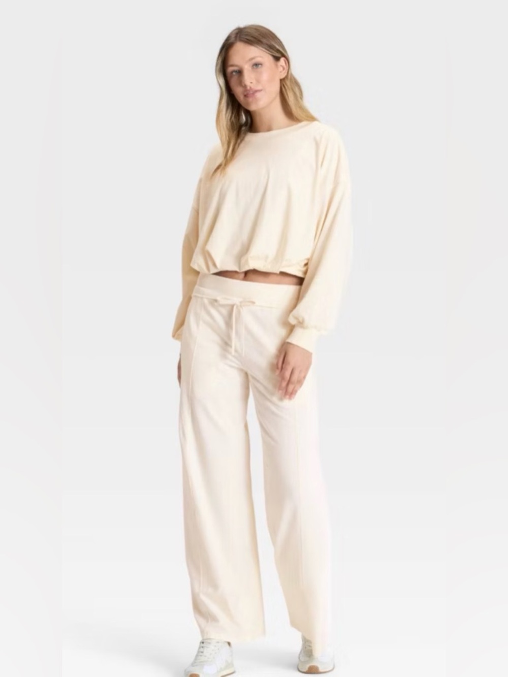 JOY LAB Cream Lounge Set - Relaxed Crop Top & Wide Leg Pants